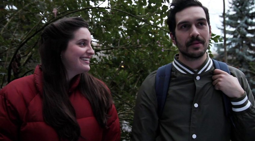 A still from season 2 episode 3 featuring guest star Evangeline Spracklin and Rob on a date in the park