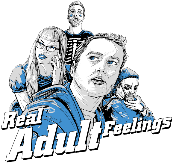 A comic-styled sketch featuring the cast of Real Adult Feelings.